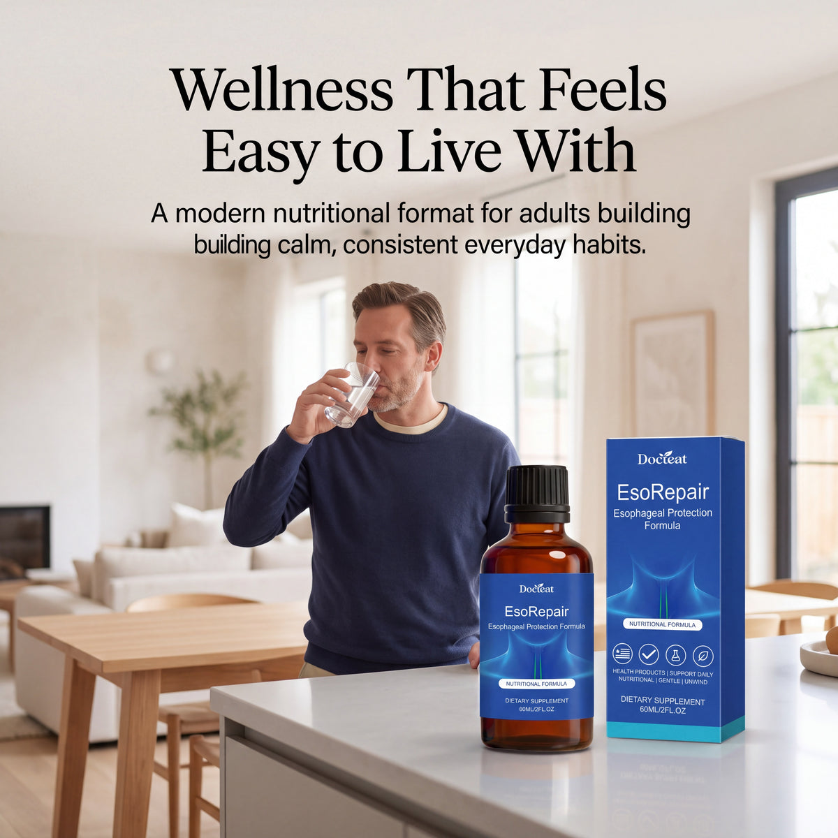 Man drinking water next to Docteat EsoRepair esophageal wellness supplement on kitchen table.