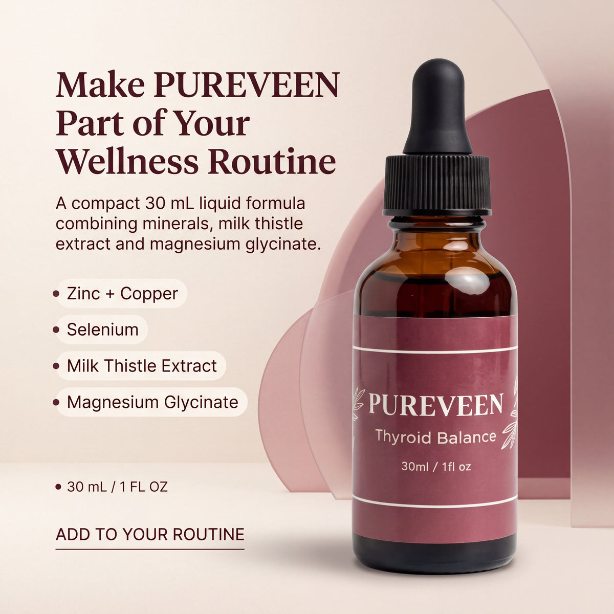 Pureveen thyroid support supplement liquid drops 30 mL with zinc, selenium, and milk thistle extract.