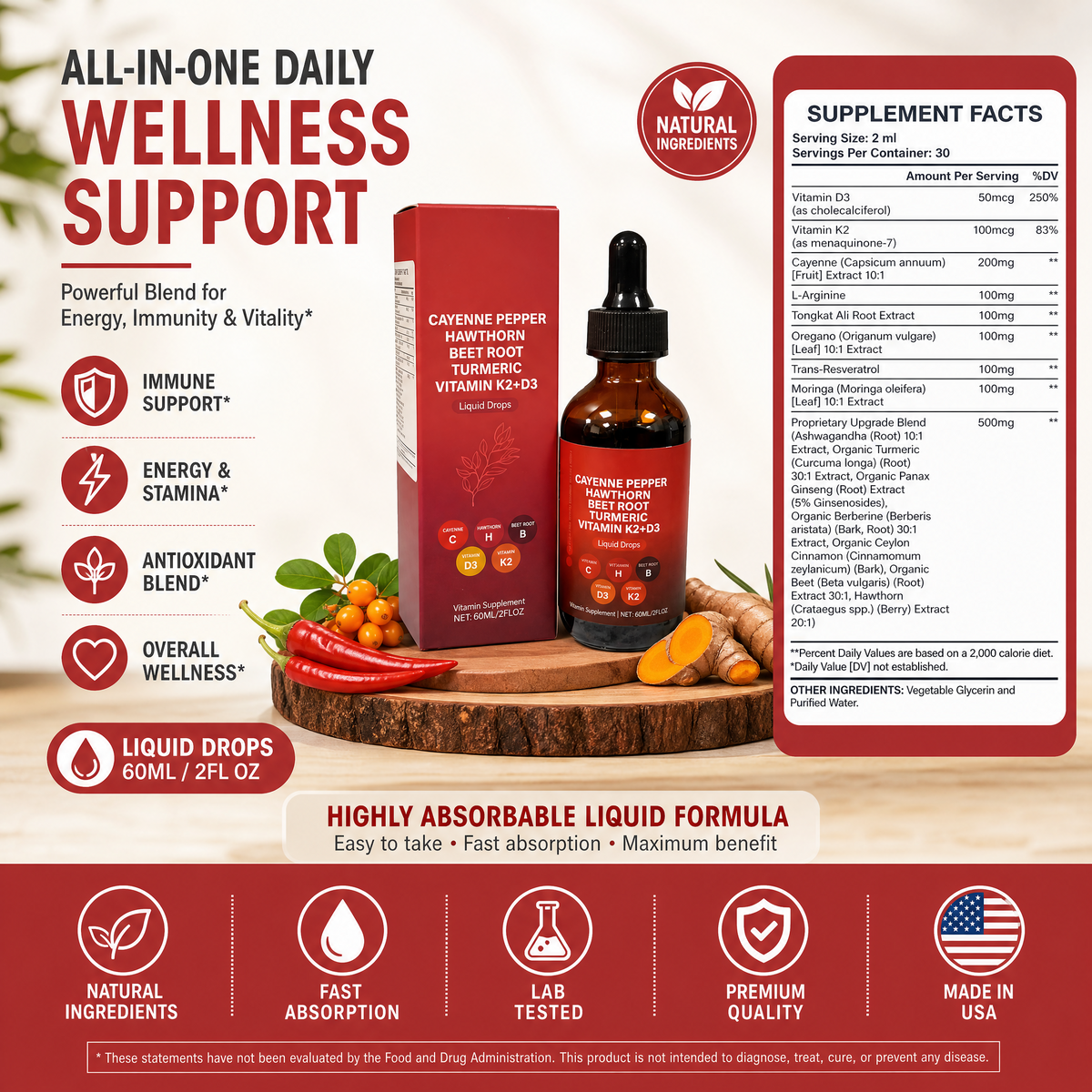Cayenne Hawthorn Beet Root Drops 60 mL with Supplement Facts for a 2 mL serving