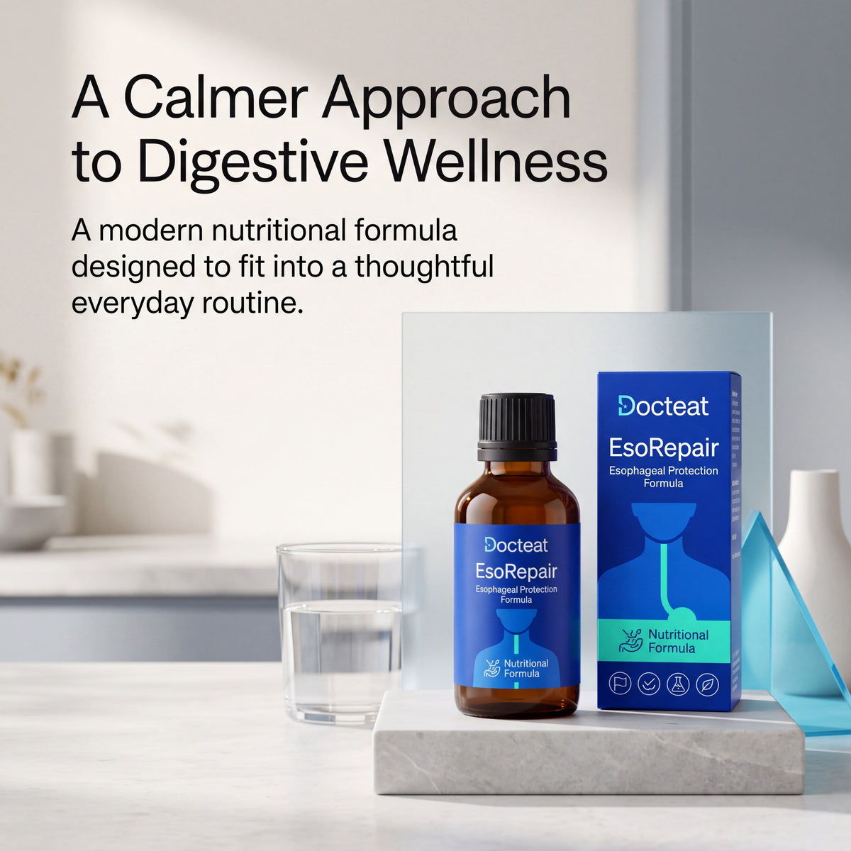 Docteat EsoRepair liquid nutritional formula in a calm everyday setting