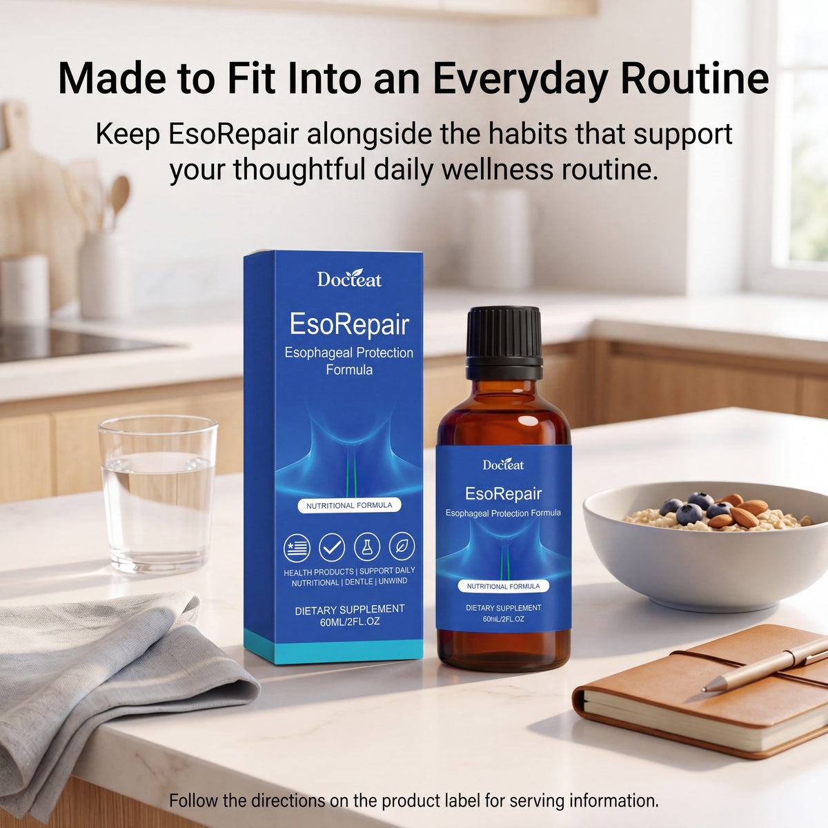 EsoRepair bottle and box shown with a simple daily wellness routine