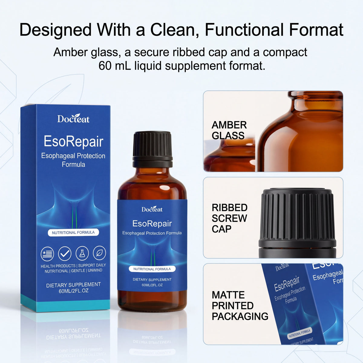 EsoRepair amber glass bottle ribbed cap and printed packaging details