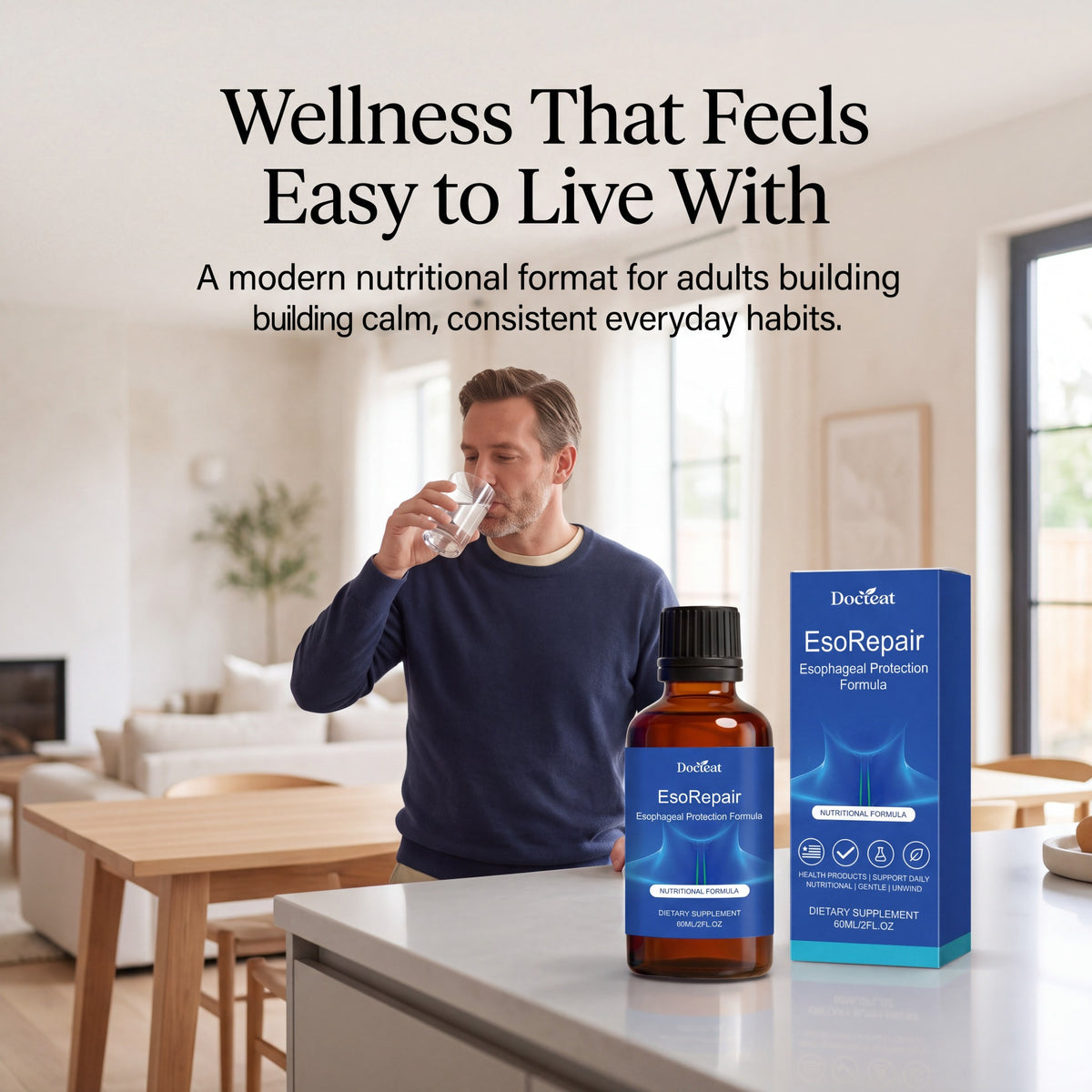 Adult using water alongside Docteat EsoRepair in an everyday setting