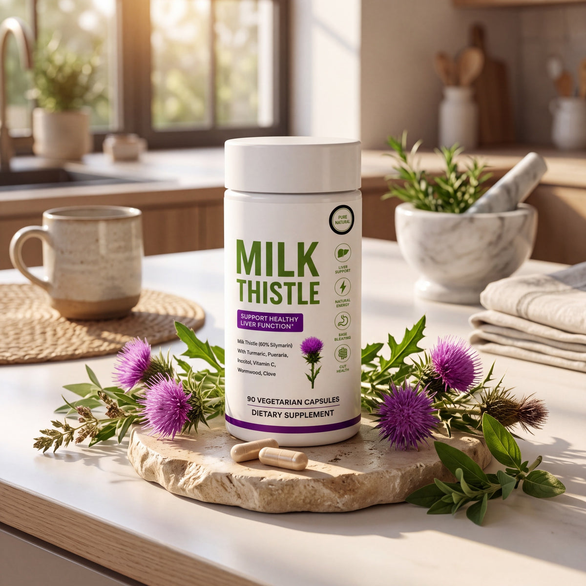 Milk thistle supplement in a calm kitchen wellness setting
