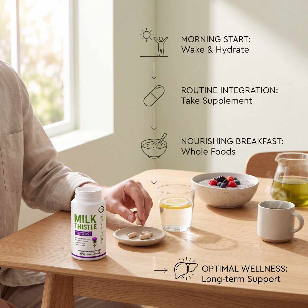Morning routine illustration with milk thistle capsules and breakfast