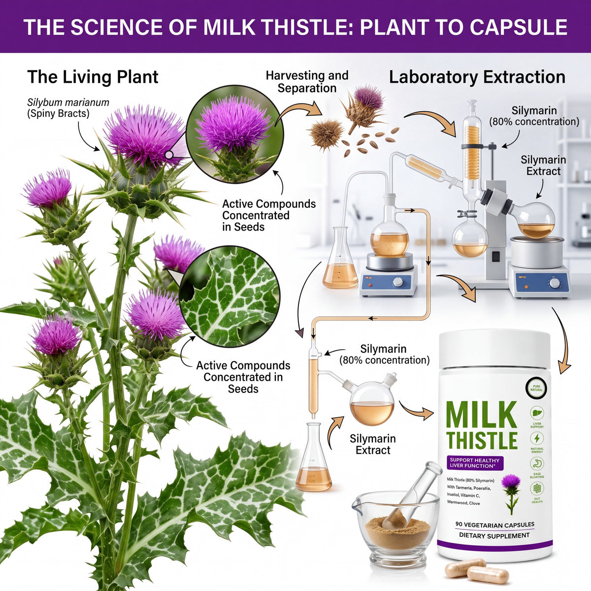 Milk thistle plant and silymarin extraction illustration