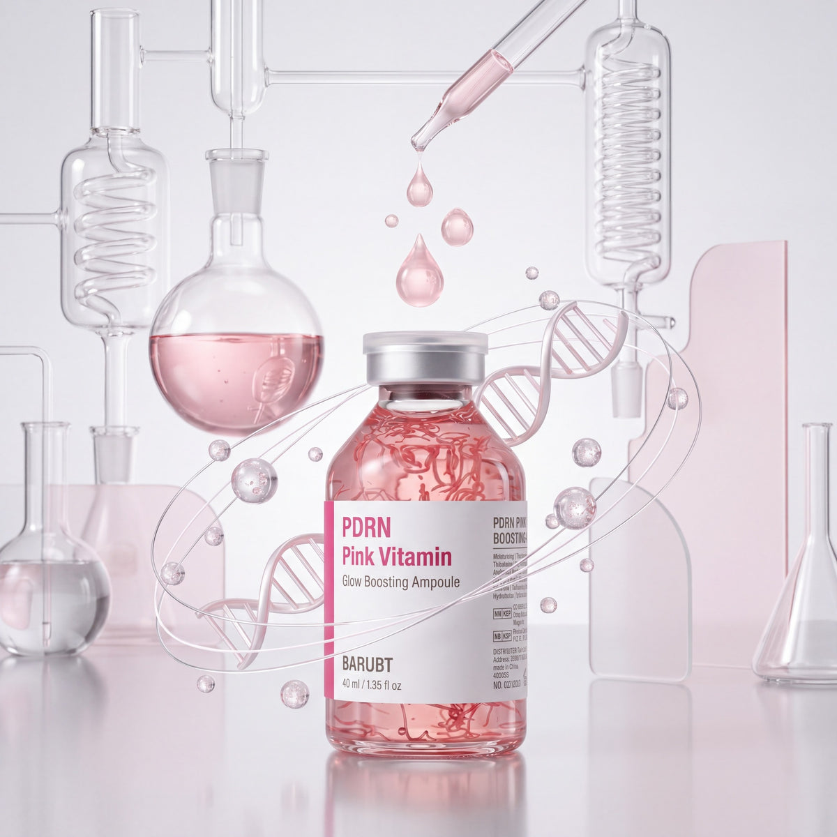 PDRN Pink Vitamin Ampoule with laboratory glassware and DNA illustration