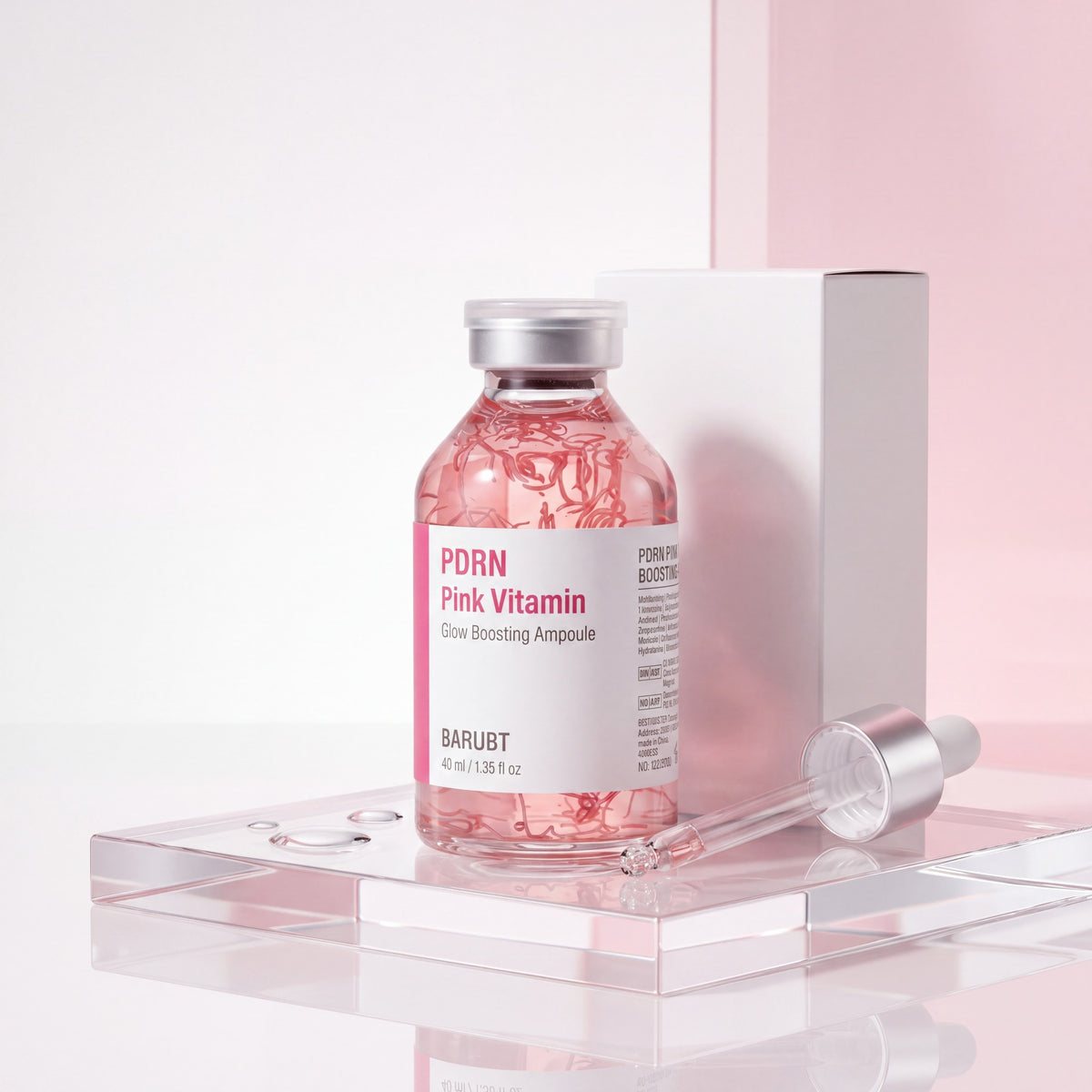 PDRN Pink Vitamin Ampoule 40 mL bottle, box and dropper