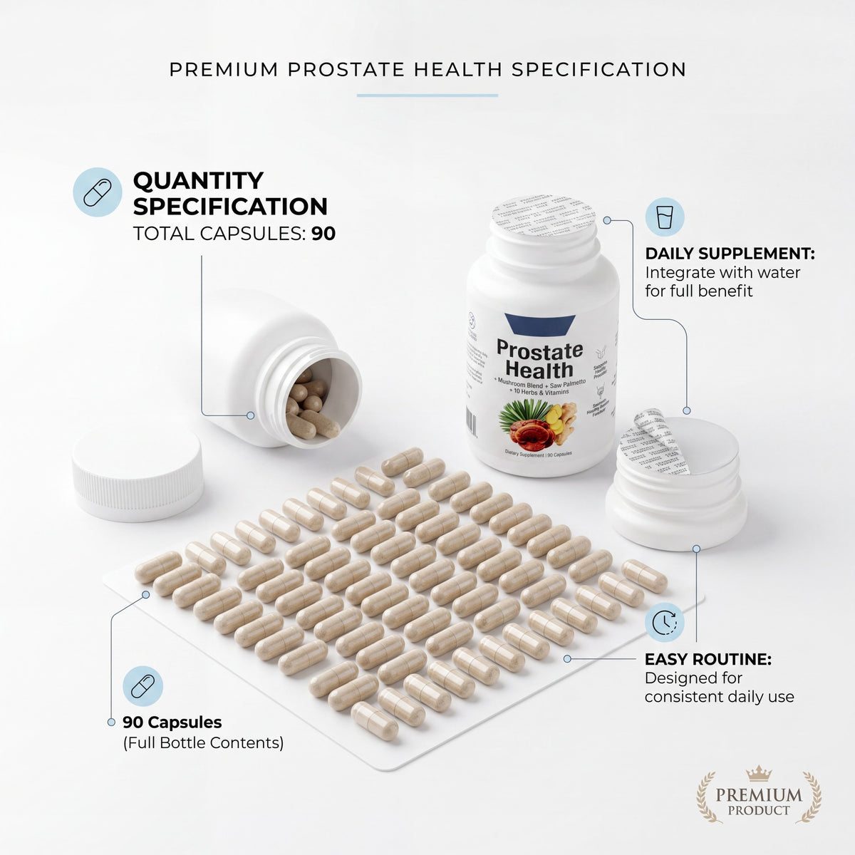Prostate Health supplement bottle with 90 capsules and daily routine specification