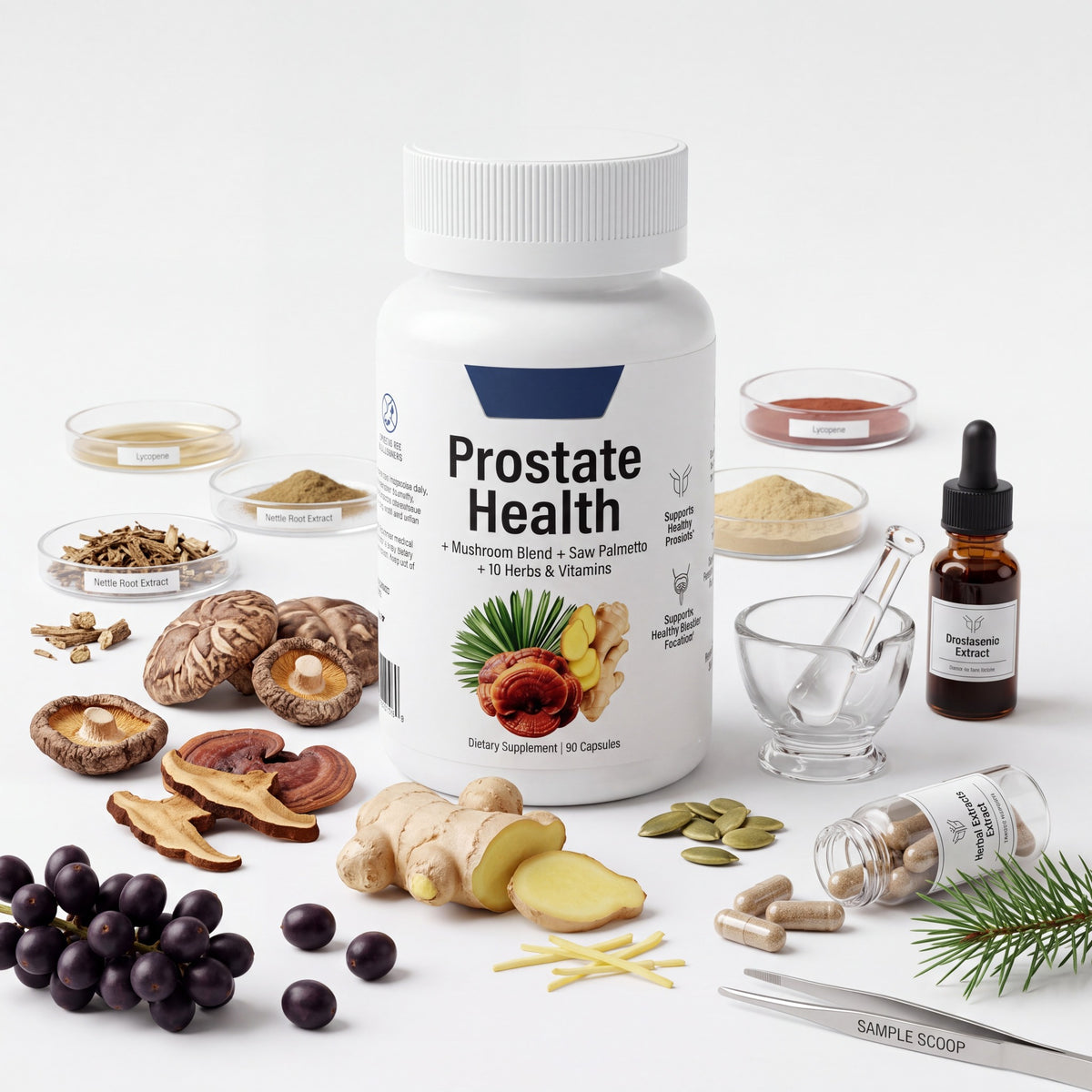 Prostate Health supplement bottle surrounded by saw palmetto, mushrooms, ginger and botanical ingredients