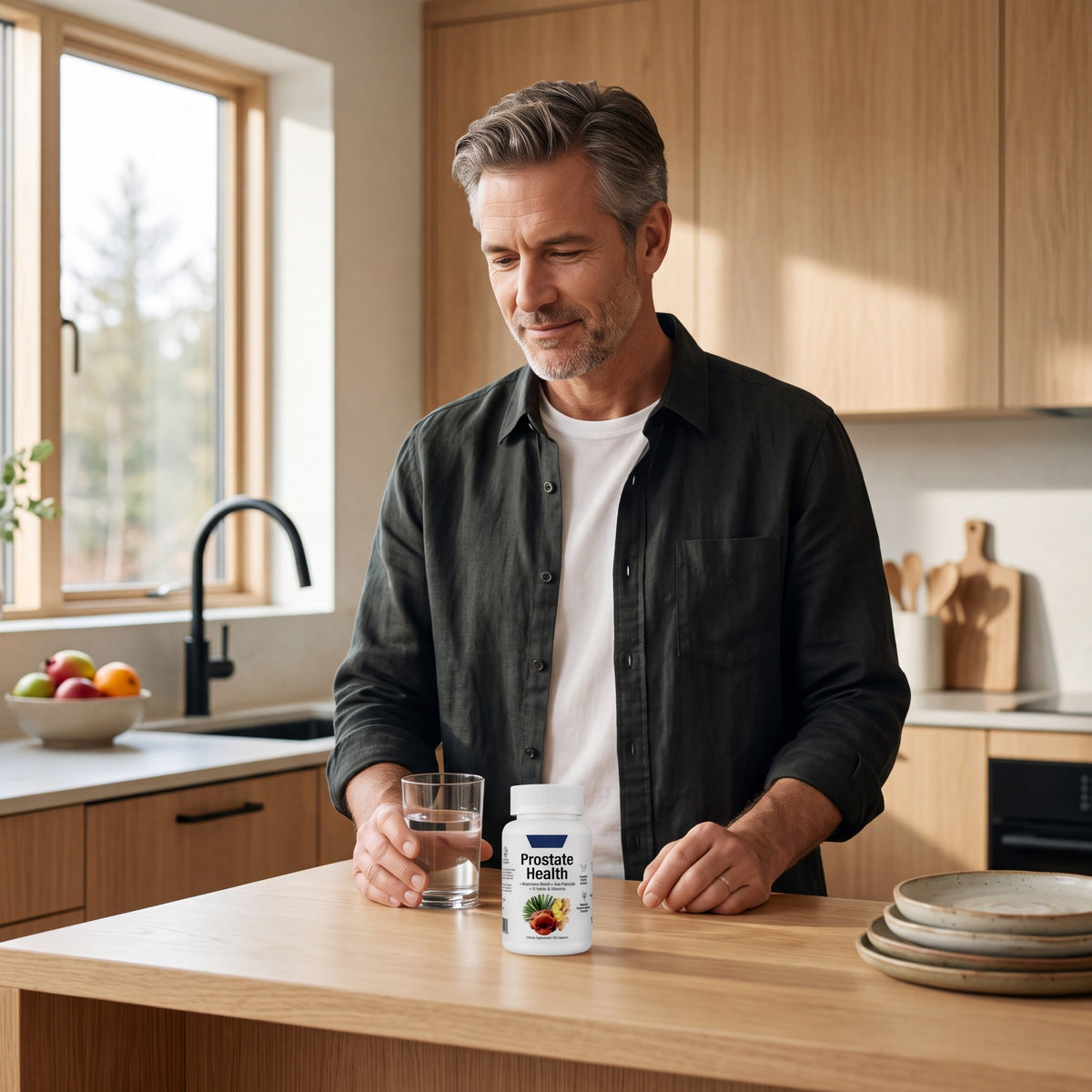 Mature man with Prostate Health supplement and water in a bright kitchen