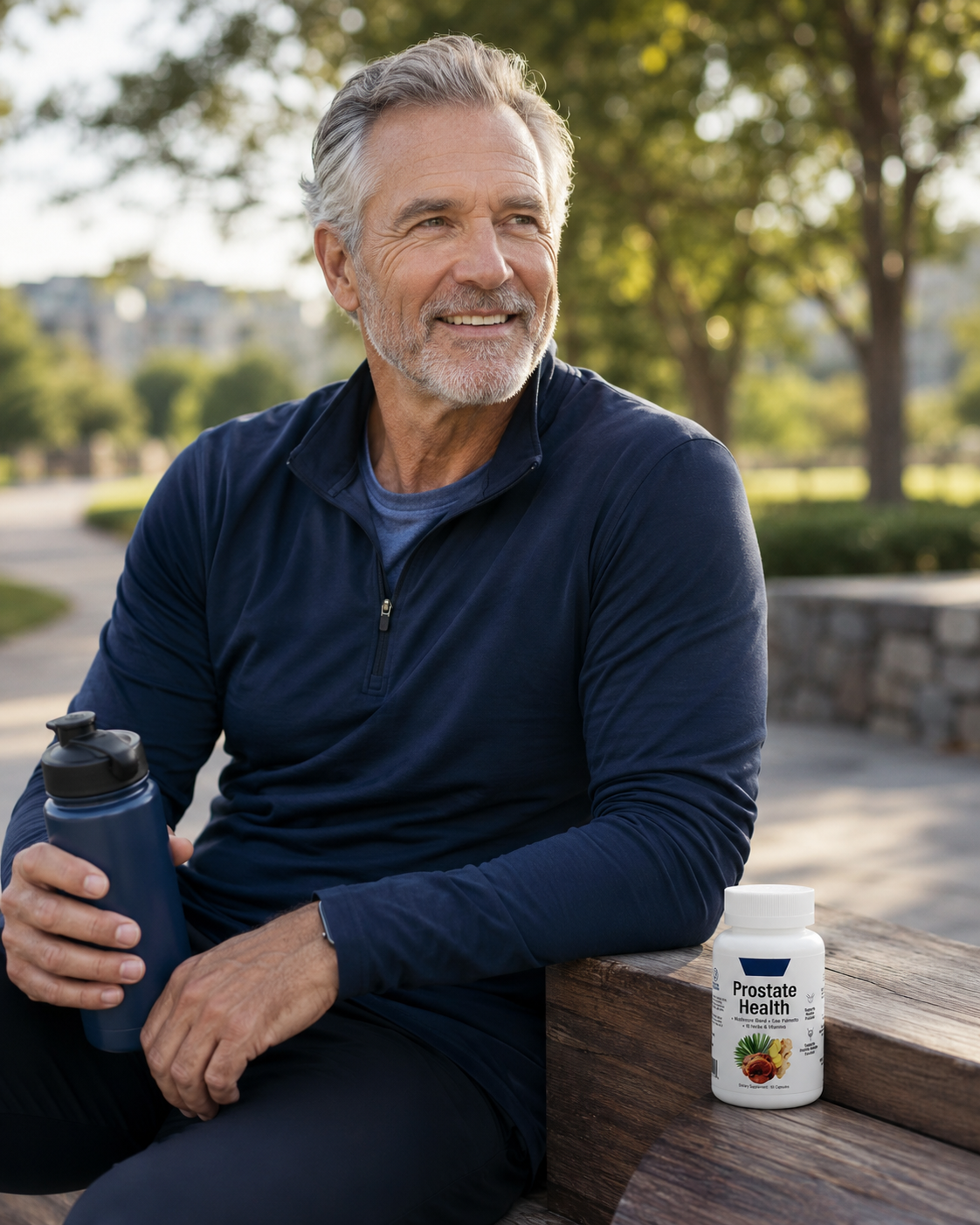 Mature man after a relaxed morning walk with Prostate Health 90 Capsules nearby