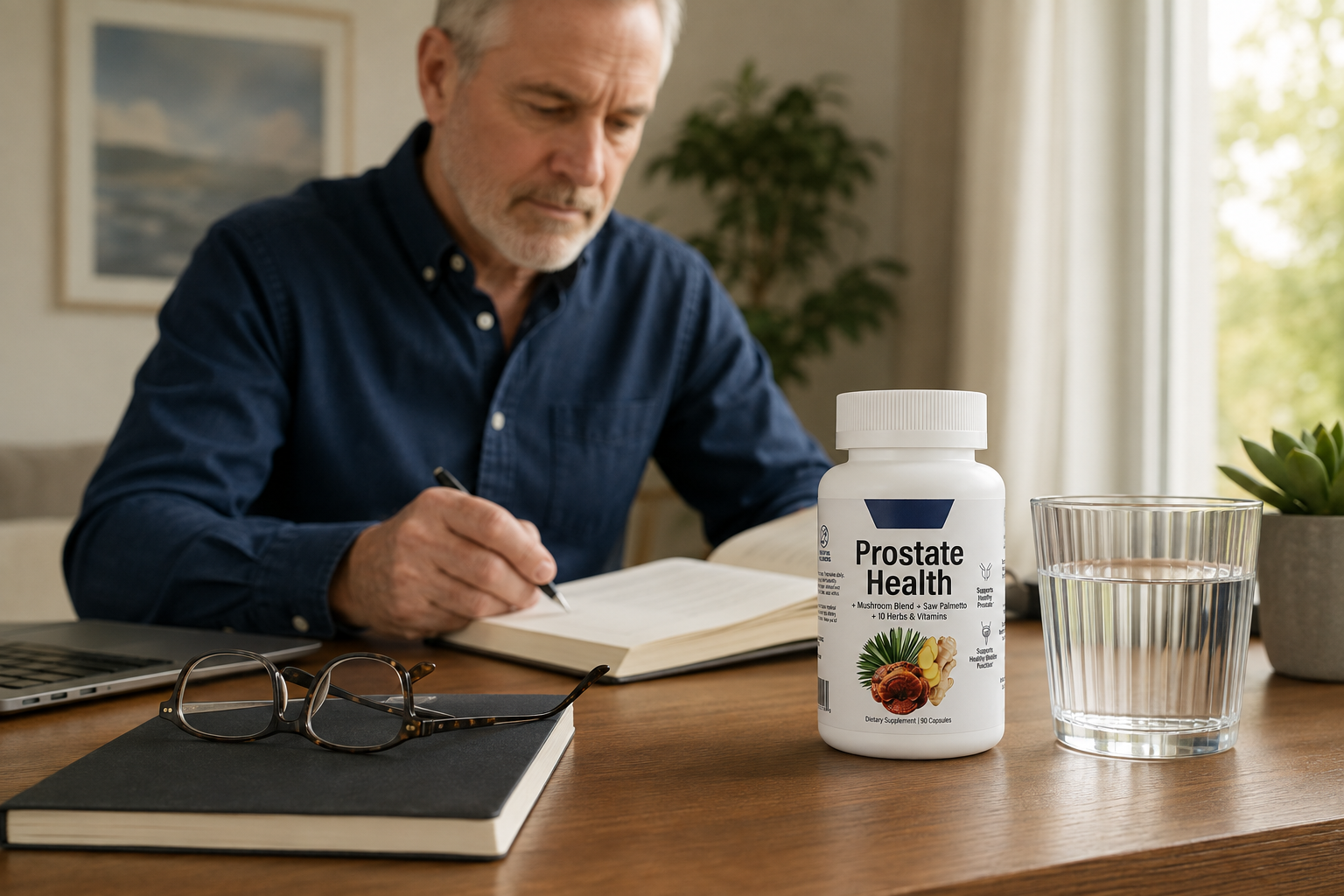 Prostate Health 90 Capsules beside water in a calm workday routine