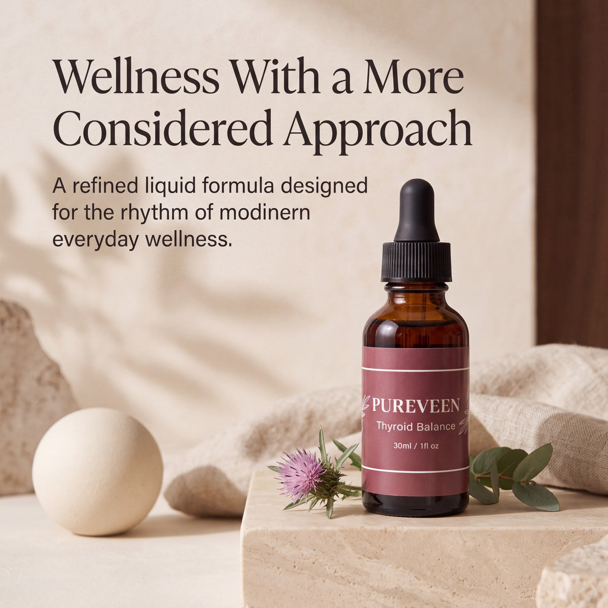 Pureveen Thyroid Balance bottle with milk thistle in a calm wellness setting