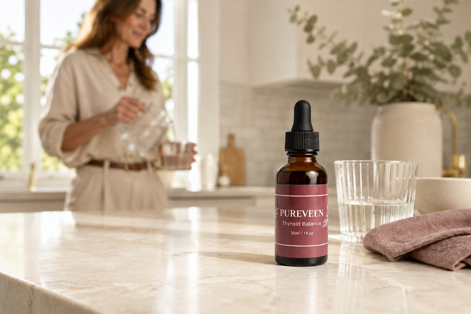 Pureveen Thyroid Balance drops beside water in a bright morning wellness routine