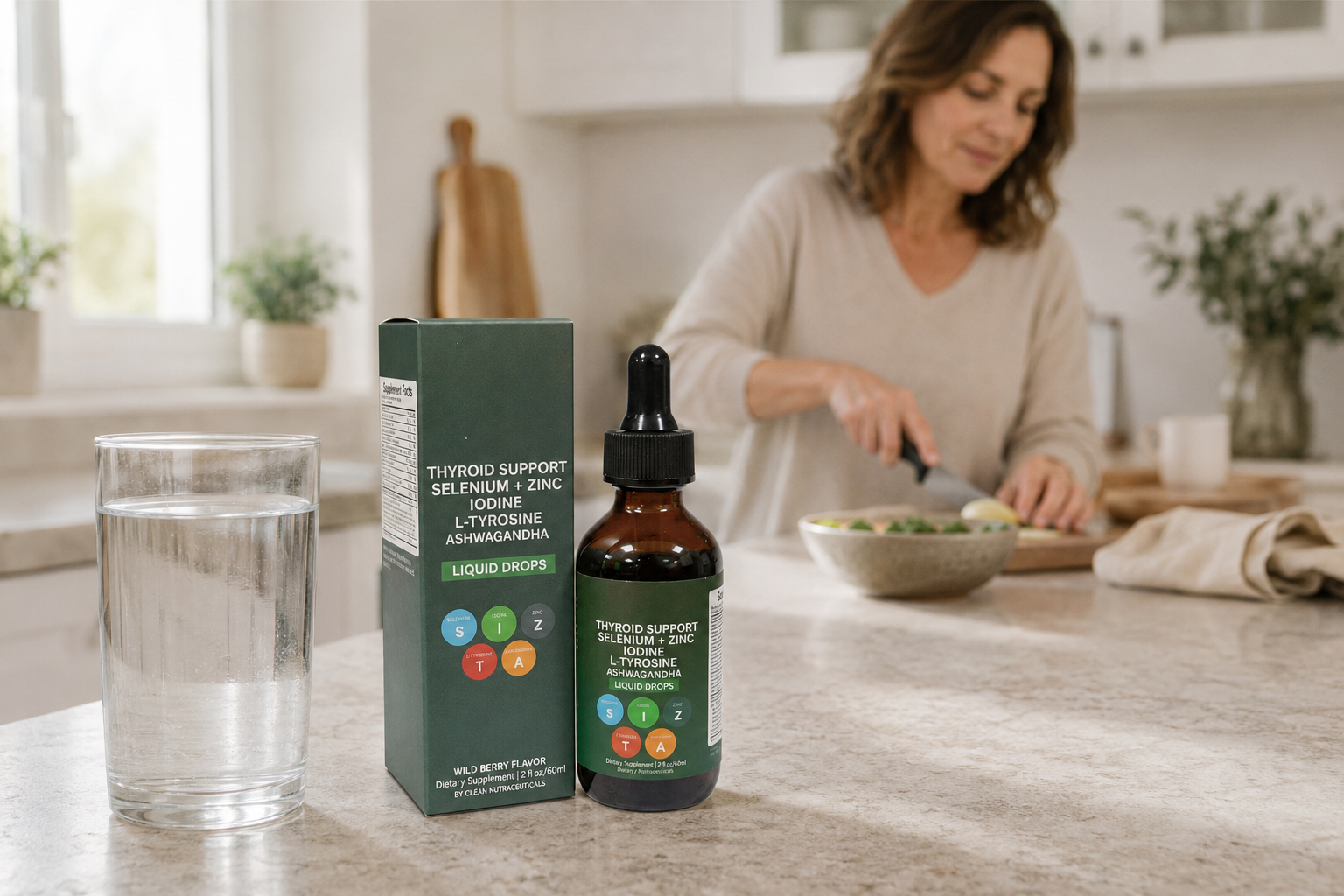 Thyroid support drops beside water in a bright morning wellness routine