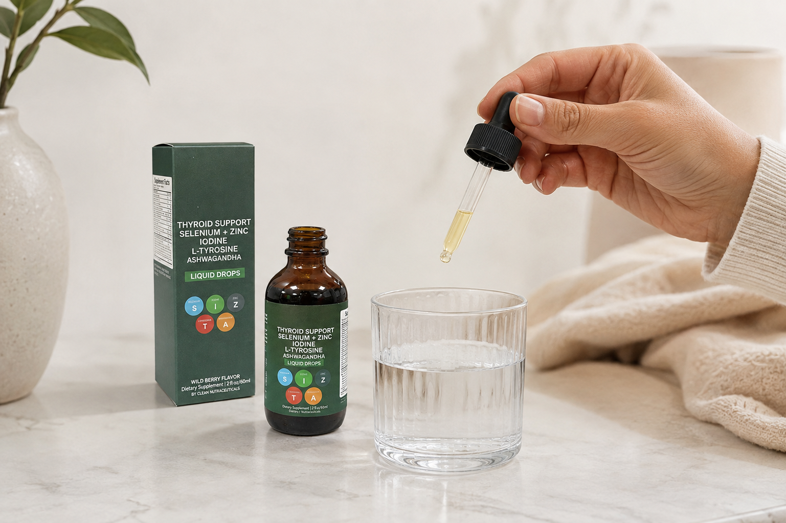 Daily liquid supplement dropper ritual beside a glass of water