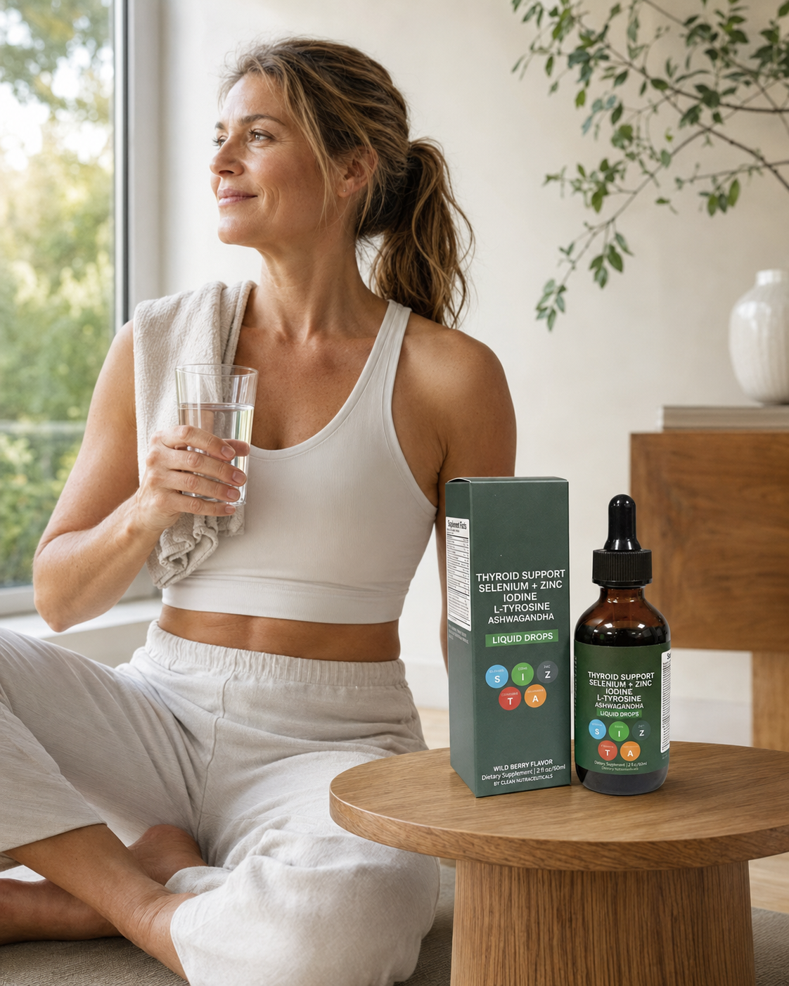 Woman after gentle yoga with thyroid support liquid drops and water