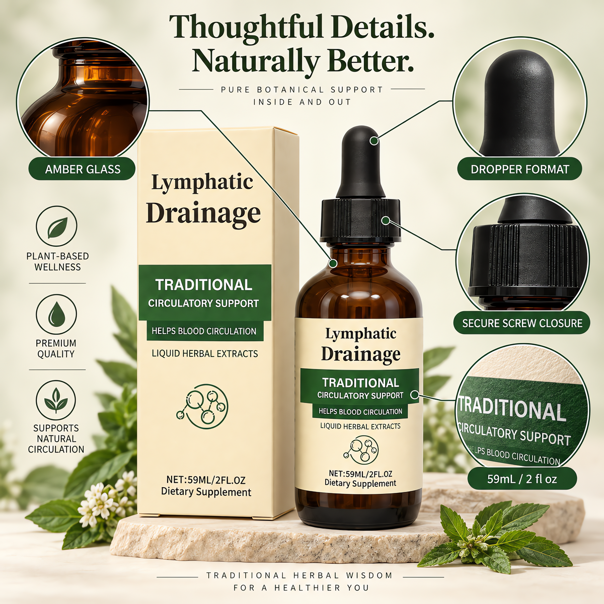 Amber glass bottle and dropper details for Lymphatic Drainage Drops