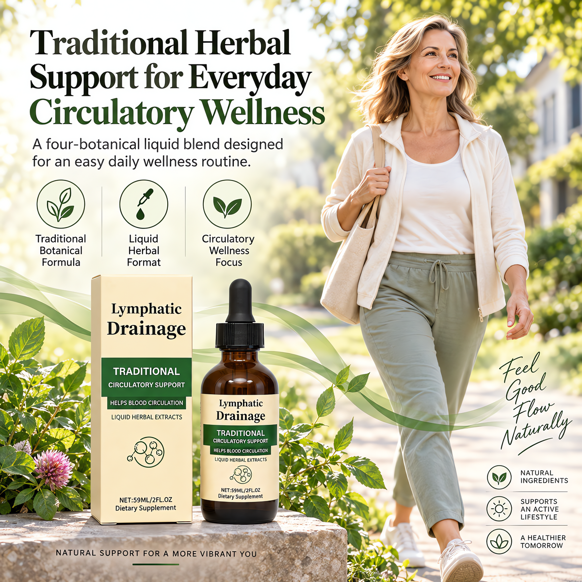 Woman walking outdoors with Lymphatic Drainage Drops for everyday circulatory wellness